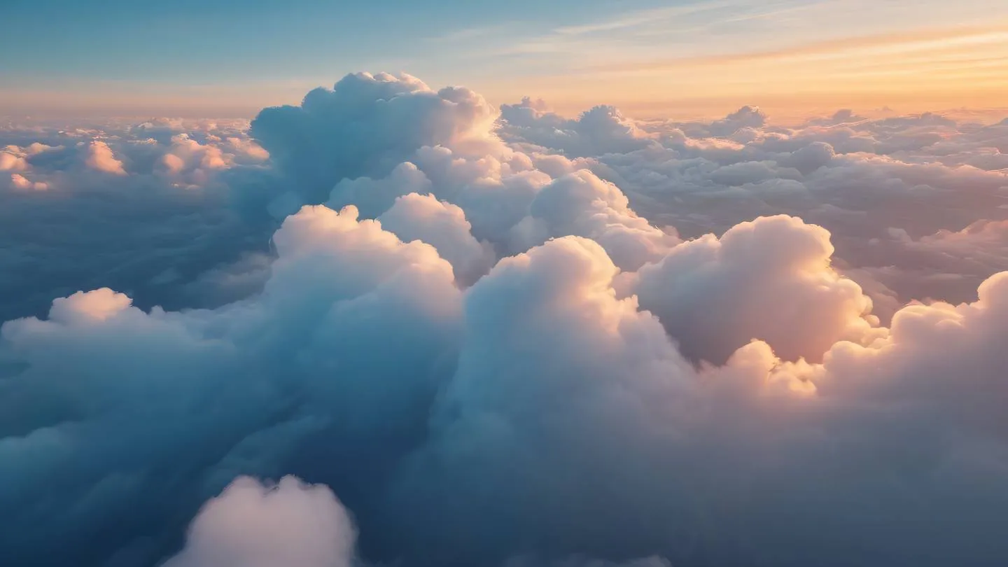 Ethereal cloud formations in baby blue and salmon-orange tones swirling together in an abstract pattern captured from a birds-eye view high-quality ultra-realistic cinematic 8K UHD high resolution sharp and detail