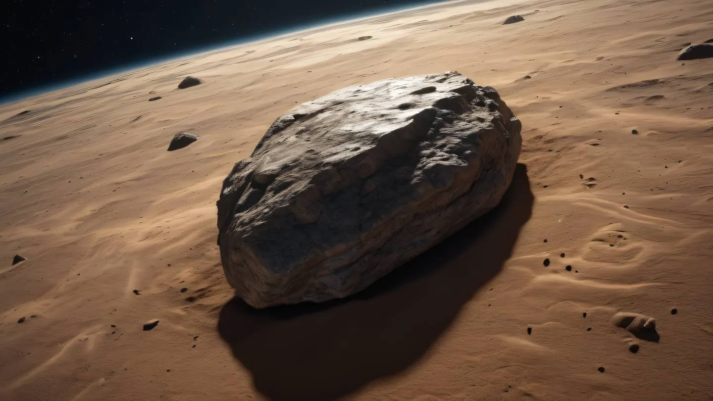 Rocky asteroid floating in space with bright sand and peach colored mineral veins running through it dramatic side-lighting angle high-quality ultra-realistic cinematic 8K UHD high resolution sharp and detail