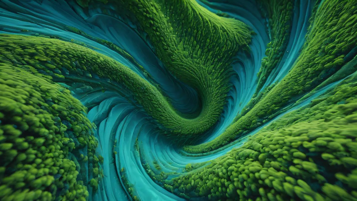 A serene abstract flowing pattern representing software testing and reliability dominated by bright turquoise blue and fresh moss green colors swirling together in organic forms shot from directly above with an eagle-eye perspective high-quality ultra-realistic cinematic 8K UHD high resolution sharp and detail