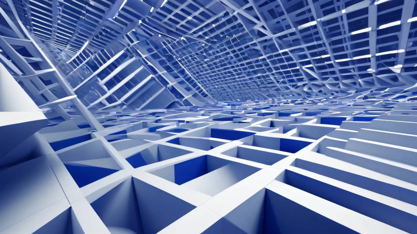 Abstract geometric patterns representing code architecture and testing frameworks with bright indigo and white colors creating clean lines and intersecting planes captured from a 45-degree angle perspective high-quality ultra-realistic cinematic 8K UHD high resolution sharp and detail