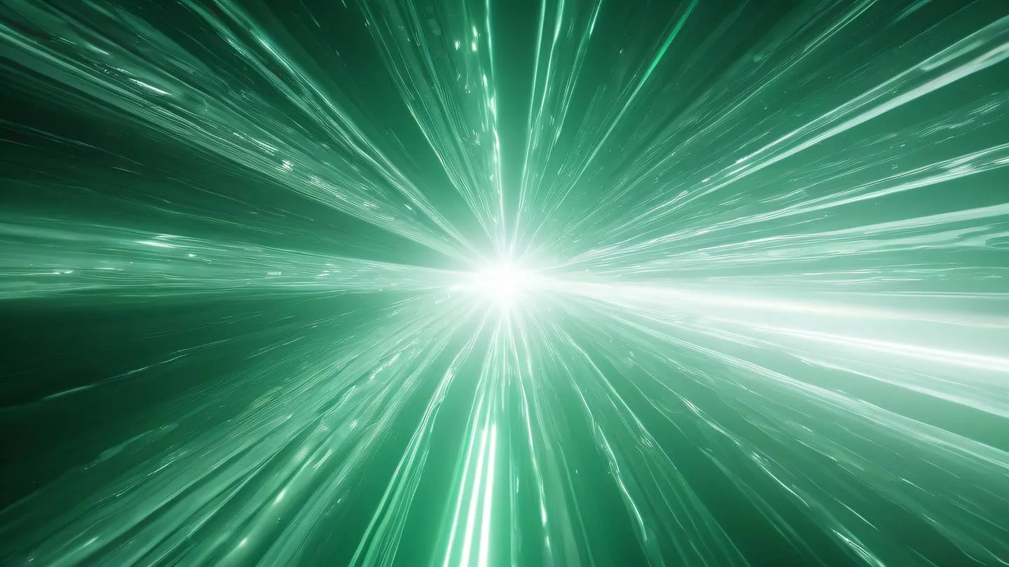 Flowing abstract light rays passing through crystalline structures with emerald green and soft white colors creating a sense of transparency and precision photographed from a low angle looking upward high-quality ultra-realistic cinematic 8K UHD high resolution sharp and detail