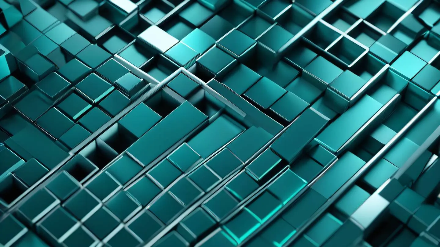 Abstract geometric shapes representing building blocks and connections featuring metallic silver and bright teal gradients captured from a top-down perspective with diagonal lighting high-quality ultra-realistic cinematic 8K UHD high resolution sharp and detail