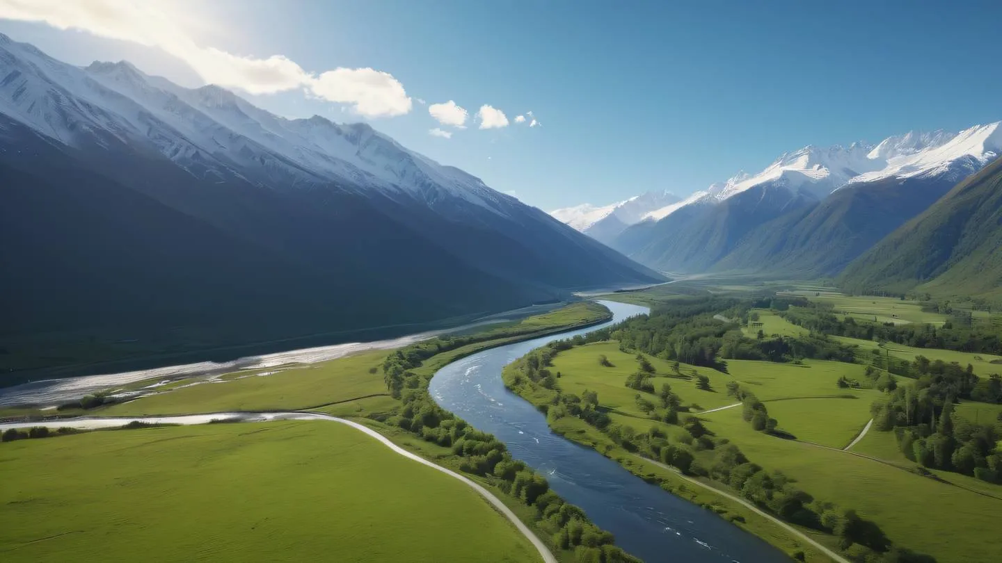 Flowing river meandering through a lush green valley with snow-capped mountains in background warm sunlight casting long shadows featuring dusty blue sky and crystal clear water shot from aerial perspective high-quality ultra-realistic cinematic 8K UHD high resolution sharp and detail