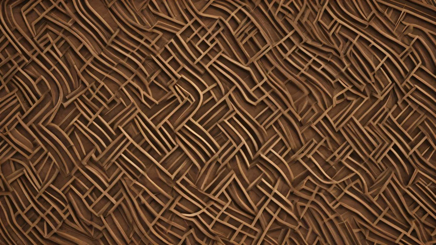 Aerial view of interconnected pathways forming a geometric pattern rendered in bright walnut and Umber colors captured from directly above high-quality ultra-realistic cinematic 8K UHD high resolution sharp and detail