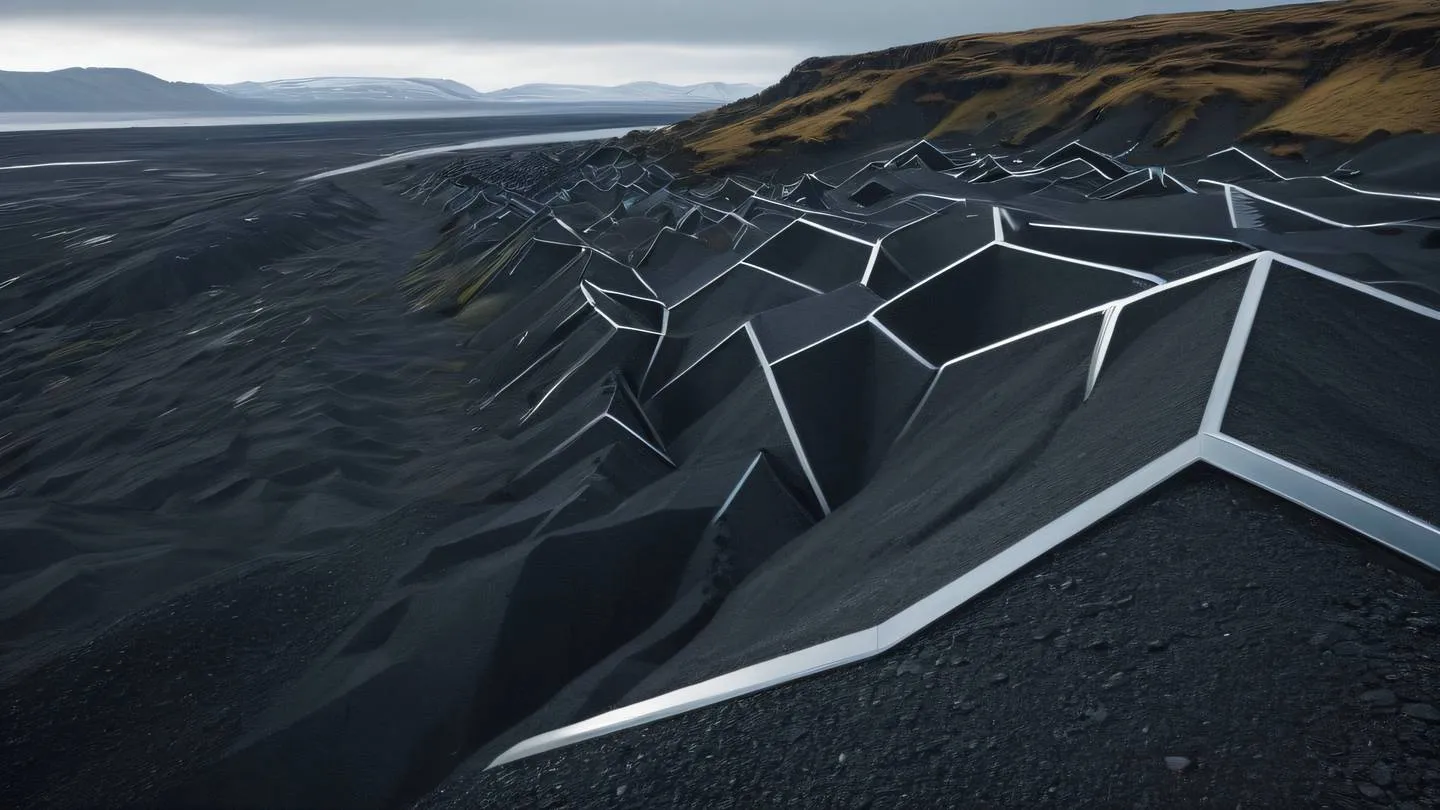 Iceland-inspired abstract landscape with geometric elements featuring zinc and iron colors with sharp angular forms captured from a dramatic diagonal perspective high-quality ultra-realistic cinematic 8K UHD high resolution sharp and detail