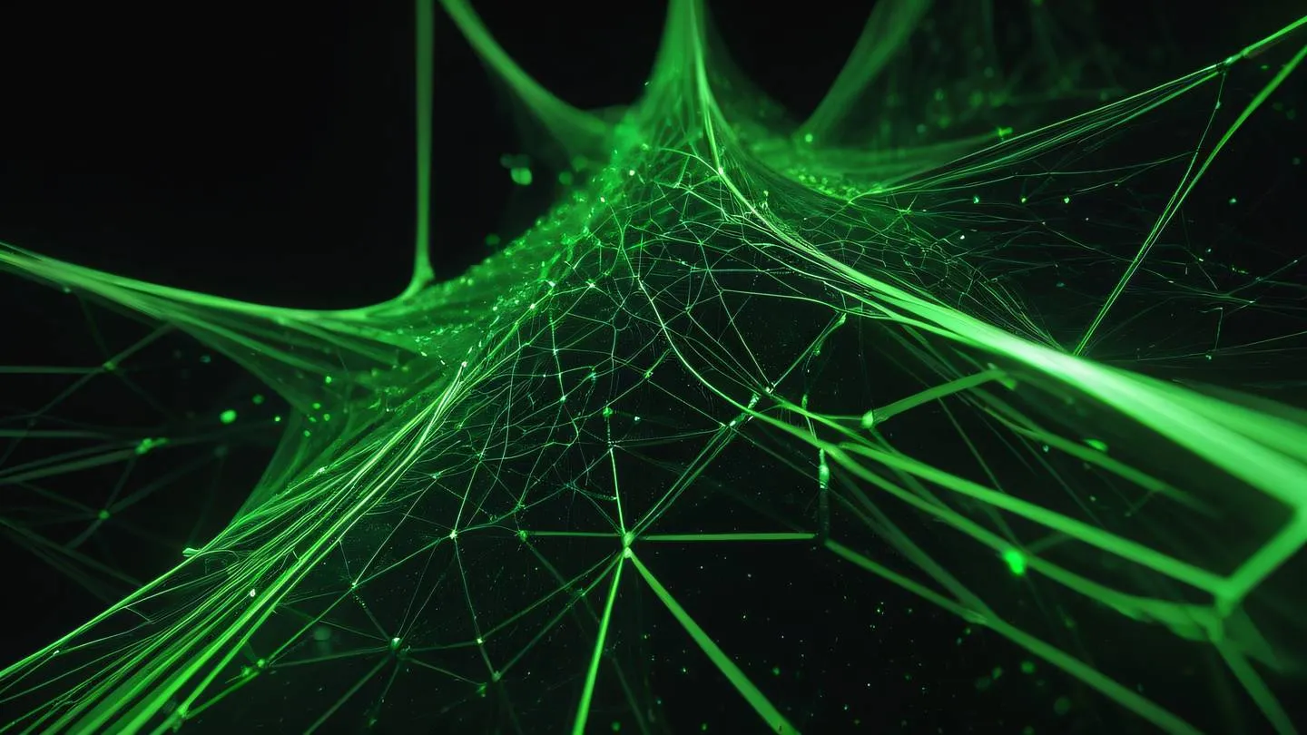 Abstract geometric composition featuring interconnected flowing lines and nodes representing data flow and connectivity. Colors: bright green crystalline structures against deep black background shot from a low angle perspective. High-quality ultra-realistic cinematic 8K UHD sharp and detailed