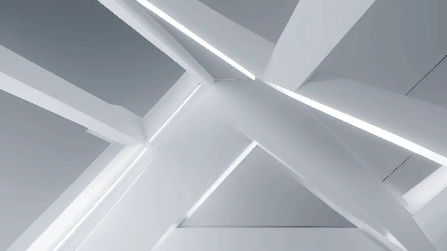 Modern architectural detail of intersecting geometric shapes and clean lines emphasizing structure and form. Colors: brushed silver surfaces meeting pure white planes with subtle shadows captured from an upward angle. High-quality ultra-realistic cinematic 8K UHD high resolution sharp and detailed