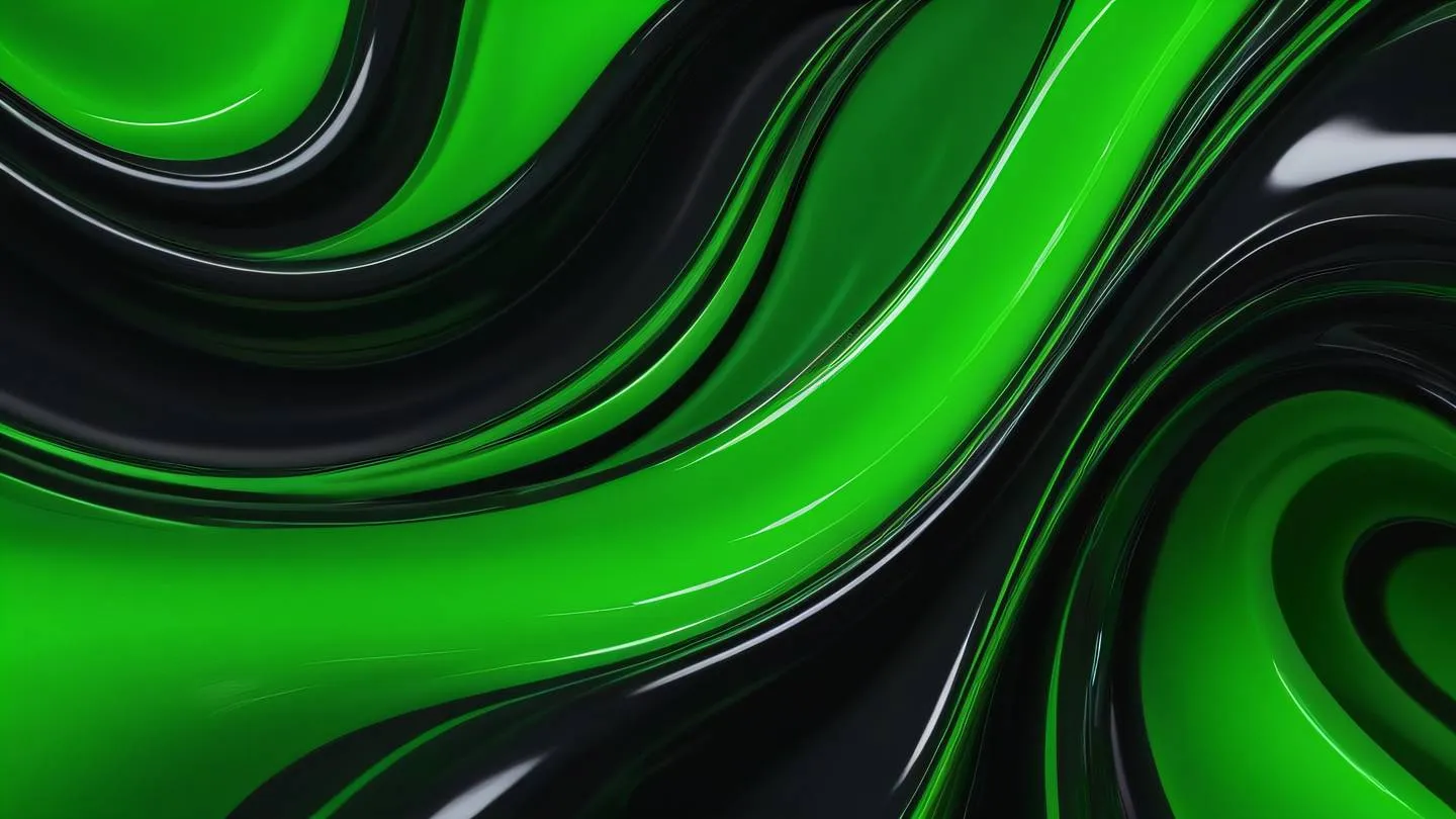 Abstract fluid motion shapes with flowing curves and dynamic movement bright green and black color scheme created with smooth glossy surfaces captured from a top-down perspective high-quality ultra-realistic cinematic 8K UHD high resolution sharp and detail