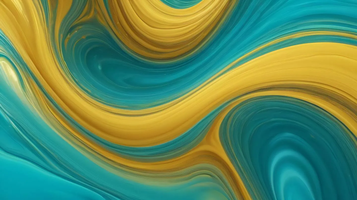 Abstract fluid motion art with dynamic waves and ripples featuring bright turquoise and golden yellow colors swirling together shot from directly above high-quality ultra-realistic cinematic 8K UHD high resolution sharp and detail