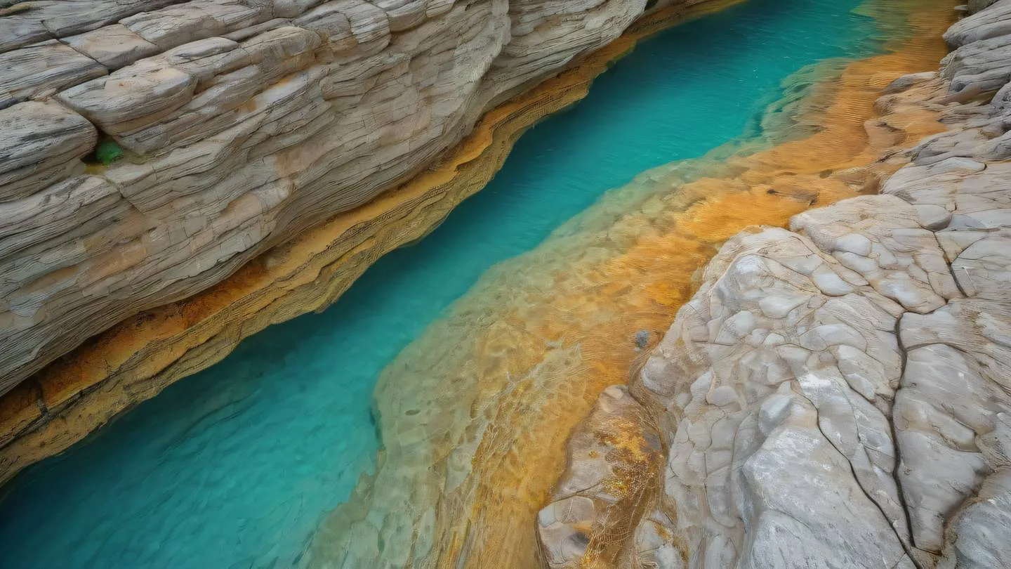 Flowing crystal-clear water streams creating natural geometric patterns in limestone warm amber and cyan colors shot from 45-degree angle high-quality ultra-realistic cinematic 8K UHD high resolution sharp and detail