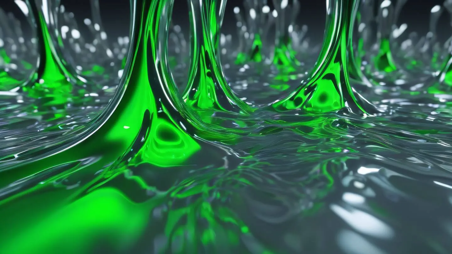 Dynamic metallic liquid formation with bright neon green and silver colors creating abstract patterns captured from low angle perspective high-quality ultra-realistic cinematic 8K UHD high resolution sharp and detail