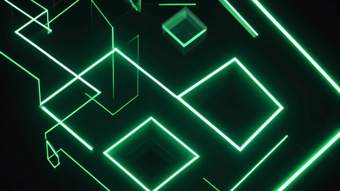 Minimalist geometric shapes in neon green and white floating in space representing UI elements in motion clean lines and simple forms ultra-realistic cinematic 8K UHD high resolution sharp and detailed shot from a 45-degree angle