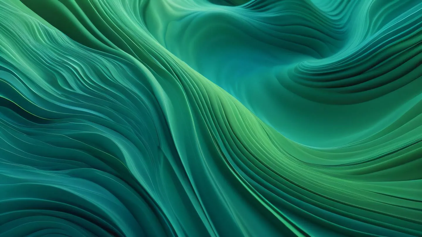 A dynamic abstract visualization of flowing geometric shapes and waves featuring gradient transitions from turquoise blue to fresh moss green captured from a top-down perspective with subtle motion blur effects high-quality ultra-realistic cinematic 8K UHD high resolution sharp and detail