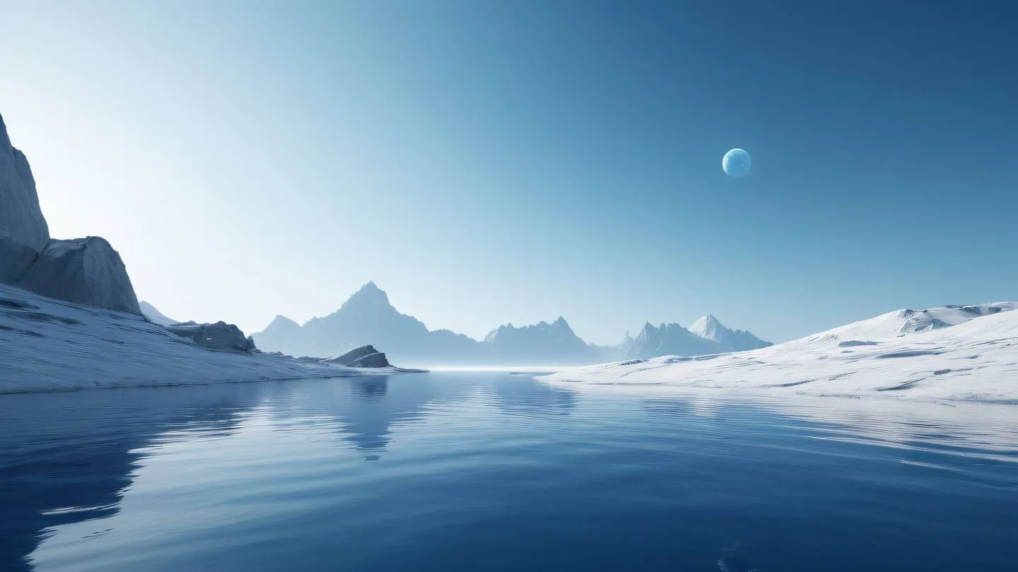 Serene minimalist landscape with geometric elements floating in space colored in sapphire blue and white photographed from a low angle perspective with atmospheric depth high-quality ultra-realistic cinematic 8K UHD high resolution sharp and detail