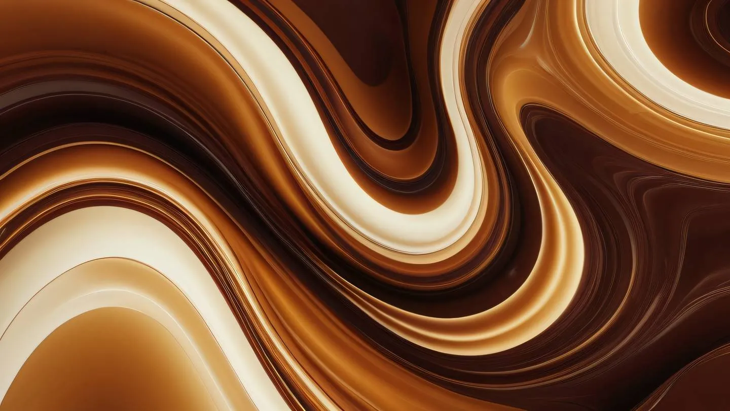 A flowing abstract composition of smooth curves and liquid-like forms featuring rich amber and cream tones transitioning into deep mahogany browns captured from a top-down perspective high-quality ultra-realistic cinematic 8K UHD high resolution sharp and detail