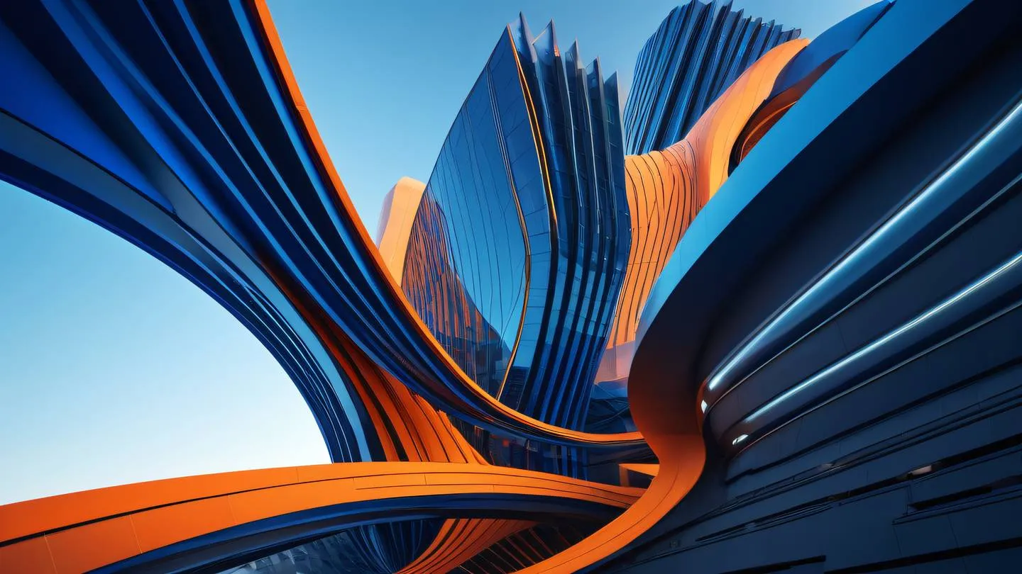 Abstract architectural elements with flowing lines and curves dominated by vibrant blue and orange color gradients featuring modern geometric shapes photographed from a low angle perspective with dramatic lighting high-quality ultra-realistic cinematic 8K UHD high resolution sharp and detail