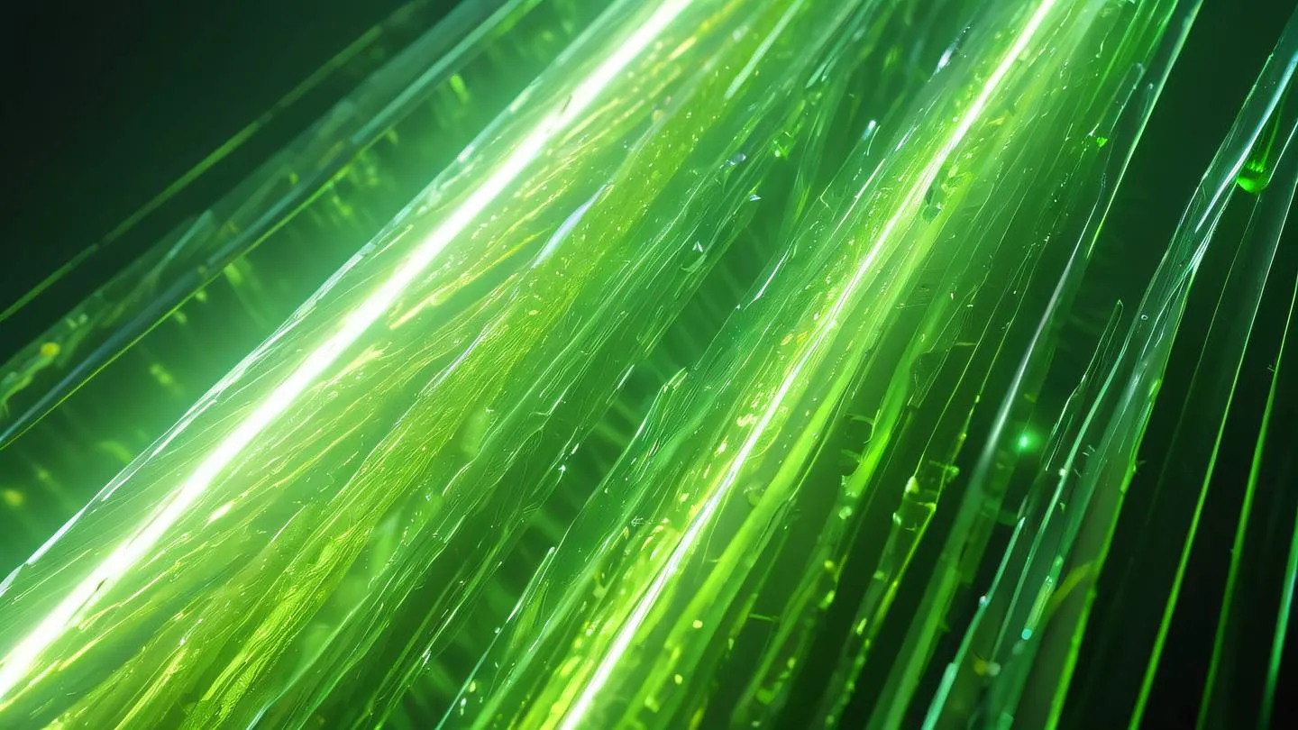 Flowing light rays passing through crystalline structures with bright green and yellow color streams interweaving through transparent elements shot from a diagonal side angle high-quality ultra-realistic cinematic 8K UHD high resolution sharp and detail