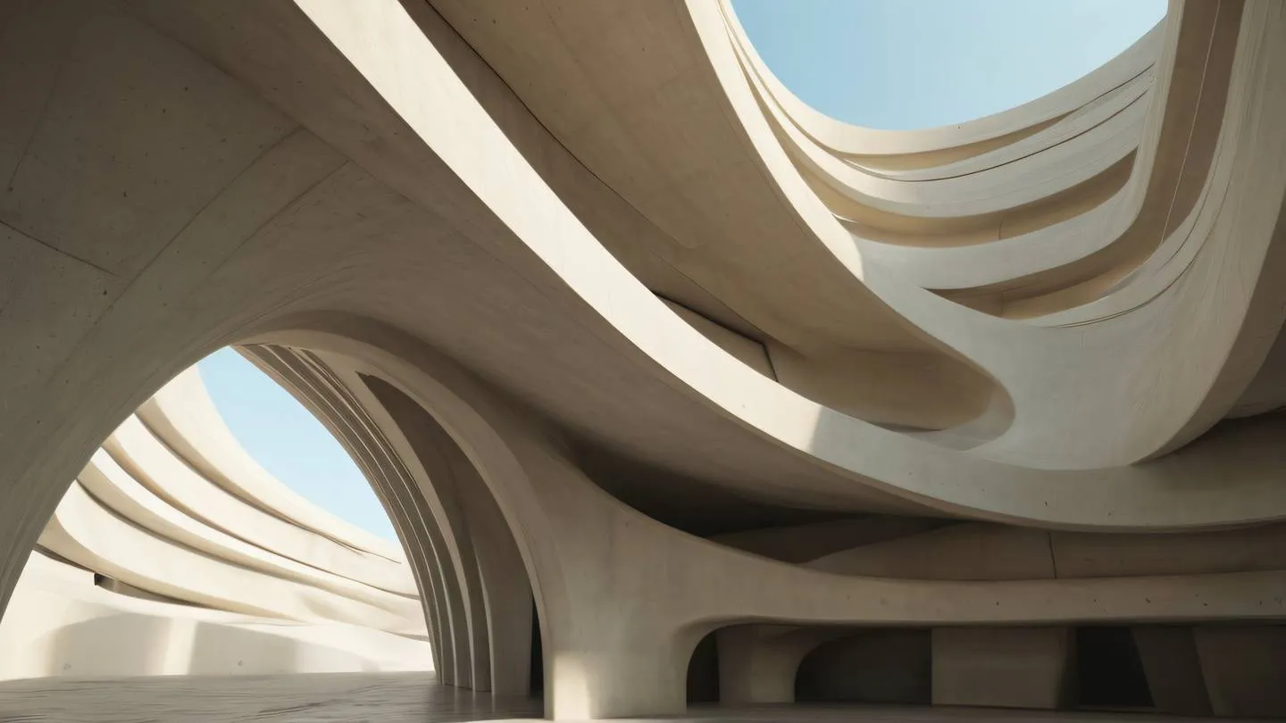 Modern concrete architectural curves forming an abstract composition with warm cream and brown tones blending with subtle hints of green captured from an upward perspective showing sweeping lines and natural light interaction high-quality ultra-realistic cinematic 8K UHD high resolution sharp and detail