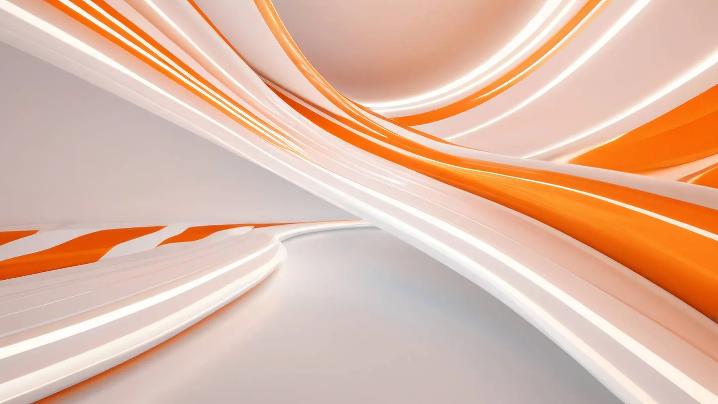 Dynamic orange and white energy waves flowing through a sleek minimalist space with geometric patterns featuring bright lighting and smooth gradients ultra-realistic cinematic 8K UHD high resolution sharp detail camera angle: dramatic diagonal perspective