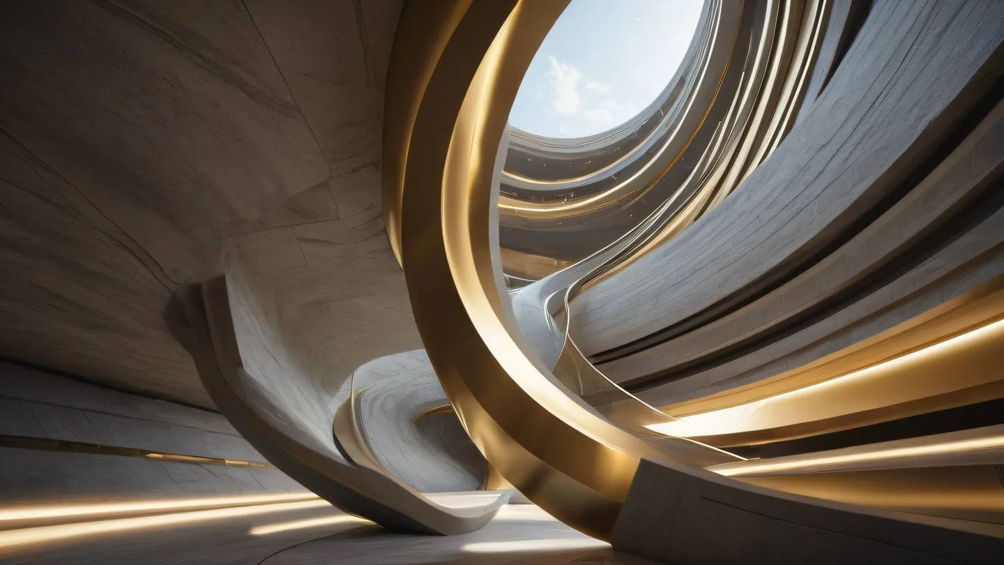 Modern architectural curved lines intersecting and flowing through space stone and gold color palette dramatic diagonal composition captured from low angle perspective high-quality ultra-realistic cinematic 8K UHD high resolution sharp and detail