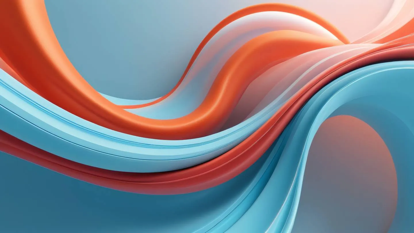 A smooth flowing abstract composition with curved lines and geometric shapes suggesting motion and fluidity rendered in baby blue salmon-orange and ruby red colors. Shot from a top-down perspective with dynamic movement patterns high-quality ultra-realistic cinematic 8K UHD high resolution sharp and detail