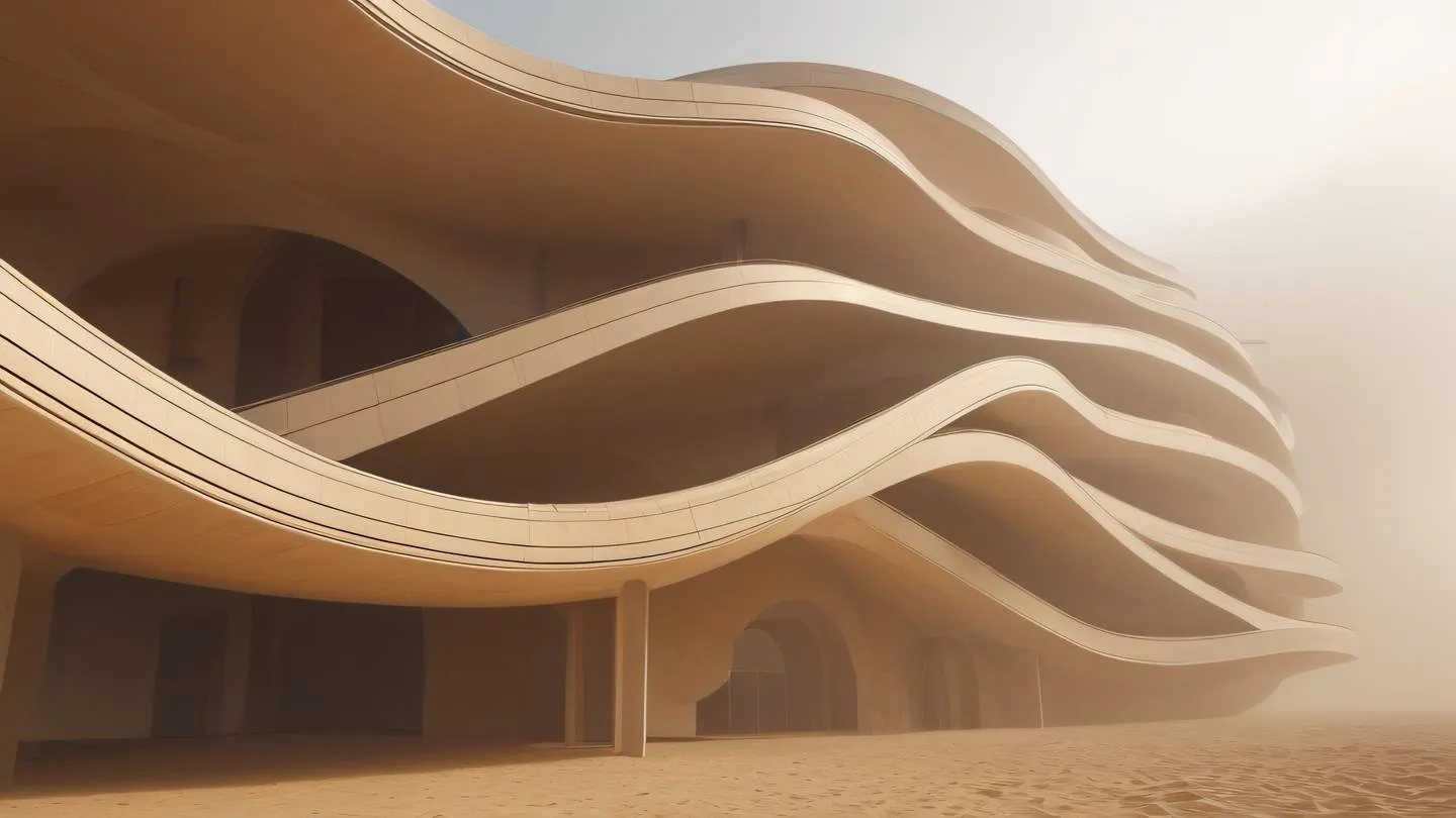 An abstract architectural structure with flowing curves and lines featuring October mist sand and orange colors. Dynamic composition captured from a low angle perspective emphasizing upward movement high-quality ultra-realistic cinematic 8K UHD high resolution sharp and detail