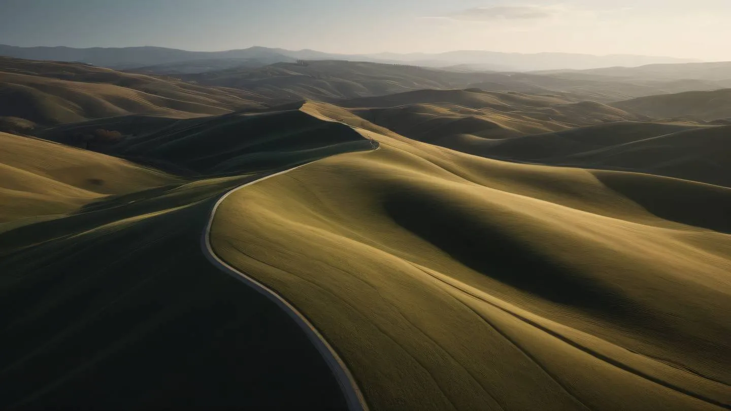 A minimalist landscape featuring gentle rolling hills and clean lines rendered in Dark Academia colors with deep browns and subtle golds. Captured from a bird's eye view perspective high-quality ultra-realistic cinematic 8K UHD high resolution sharp and detail