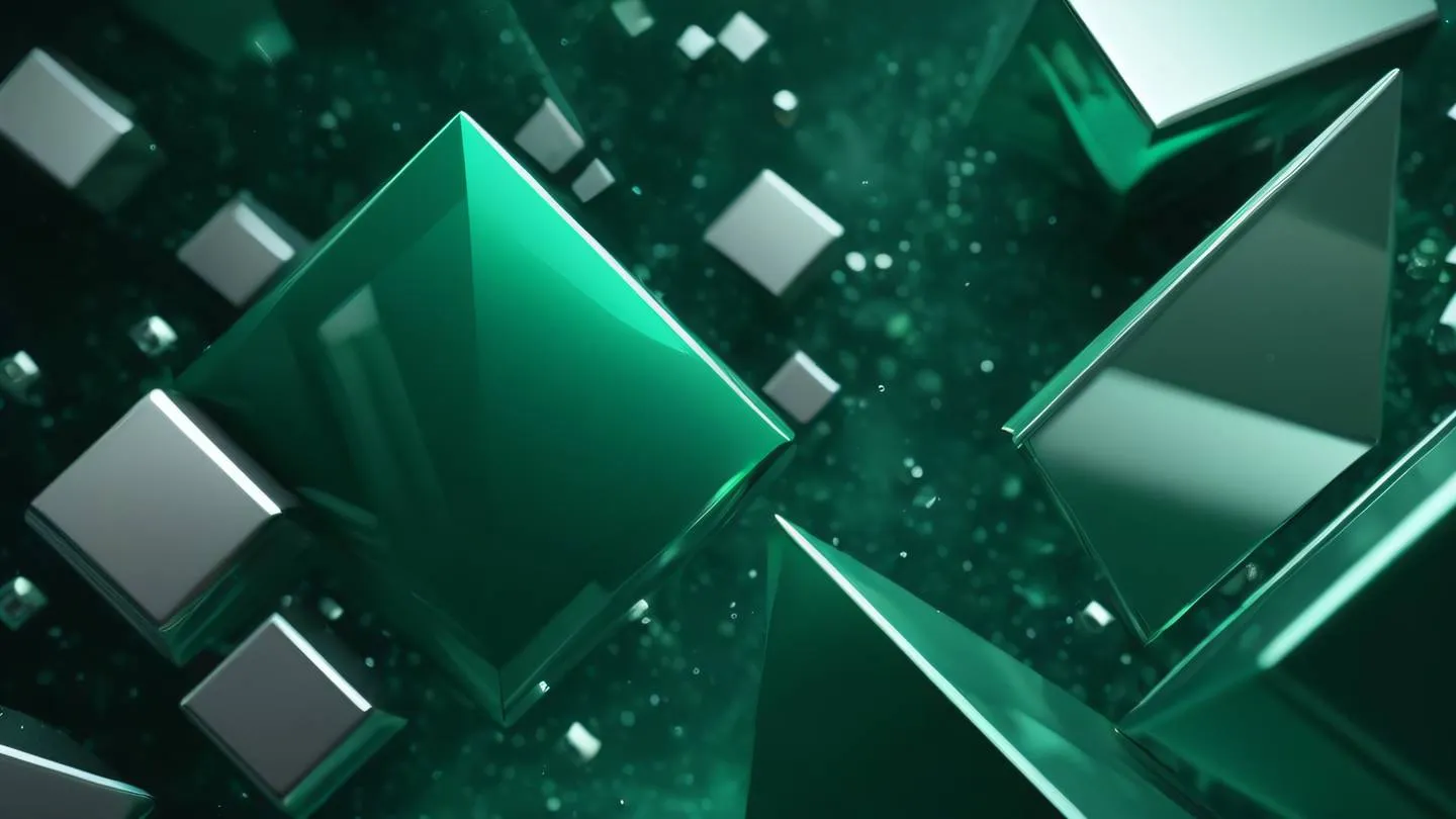 Abstract geometric shapes floating in space with seamless transitions emerald green and silver colors captured from a diagonal angle suggesting fluid motion and transformation high-quality ultra-realistic cinematic 8K UHD high resolution sharp and detail