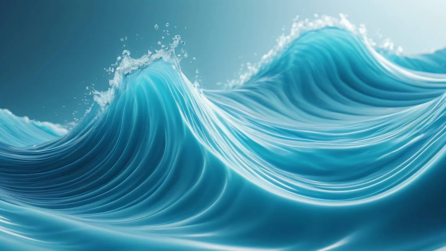 Flowing abstract waves with dynamic energy patterns cyan blue and white colors captured from a low angle perspective representing digital motion and fluidity high-quality ultra-realistic cinematic 8K UHD high resolution sharp and detail