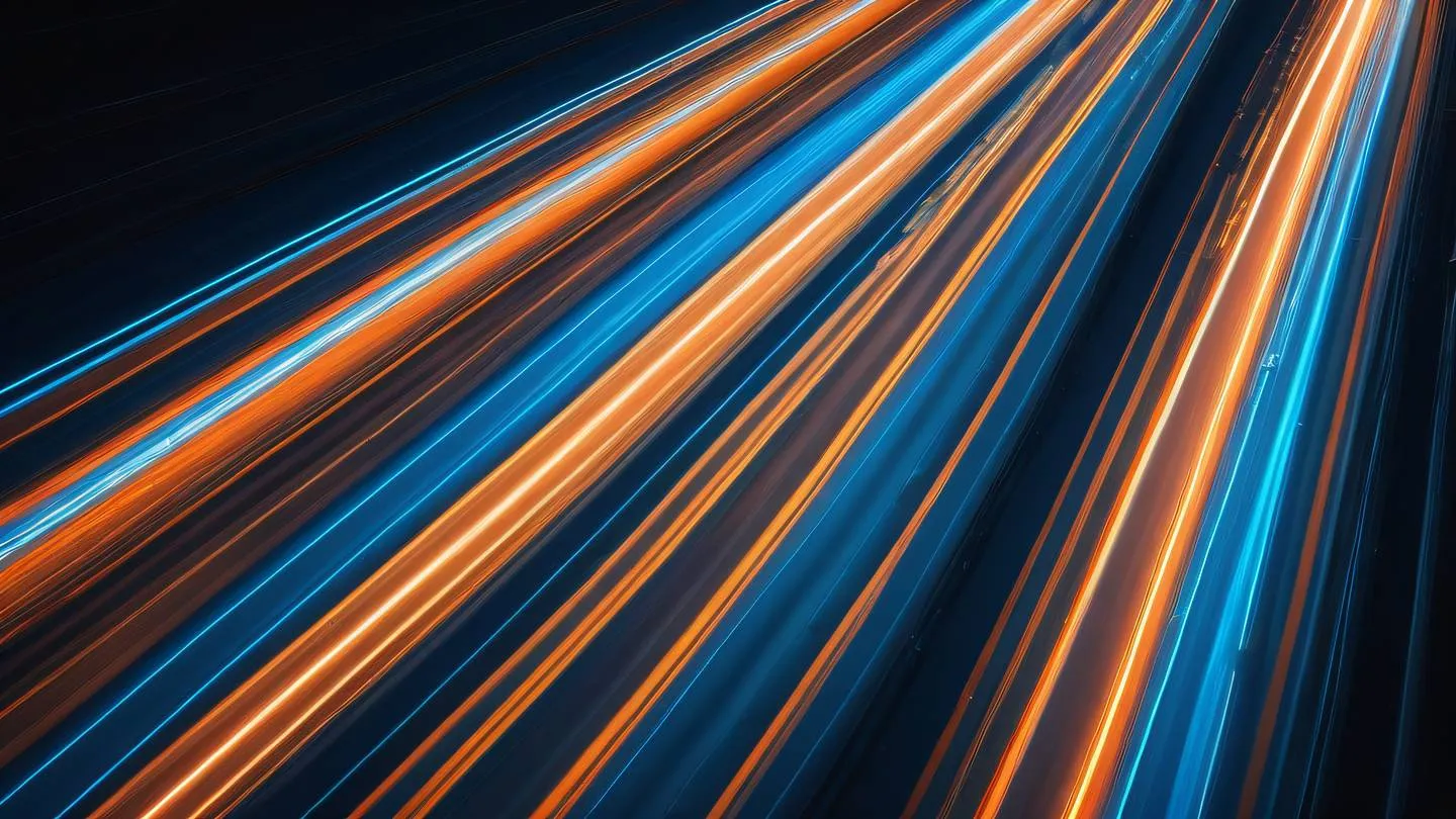 Dynamic abstract light trails with motion blur effect bright orange and electric blue colors captured from a bird's eye view suggesting speed and fluidity high-quality ultra-realistic cinematic 8K UHD high resolution sharp and detail