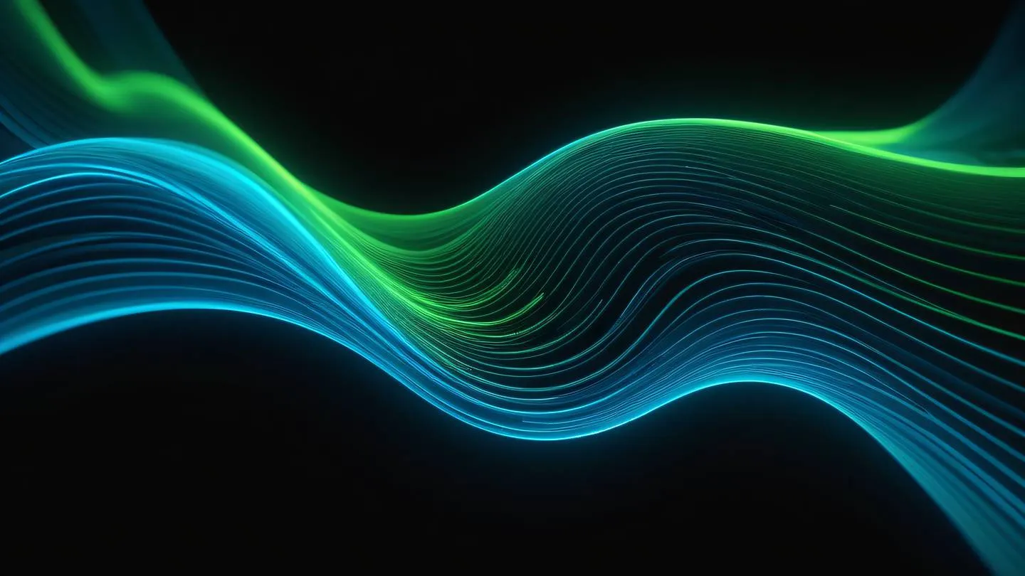 Abstract flowing curved lines representing data flow with vibrant neon blue and electric green colors against black background ultra-realistic cinematic lighting 8K resolution captured from 45-degree angle with shallow depth of field