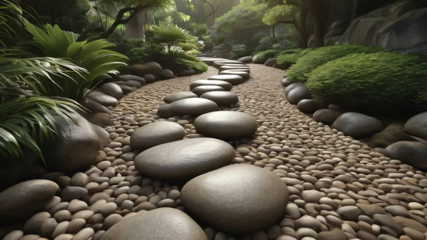 Stone pathway leading through peaceful zen garden with smooth round stones in rich earth tones and cream colors flowing water elements ultra-realistic cinematic 8K UHD shot from low angle with leading lines