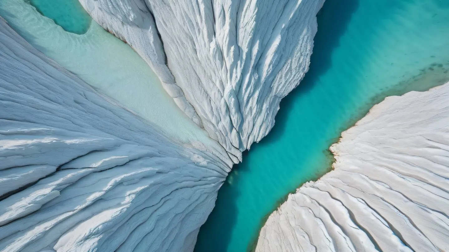 Aerial view of interconnected geometric patterns in nature featuring bright turquoise water channels flowing through white limestone formations ultra-realistic cinematic 8K UHD captured from directly above with perfect symmetry