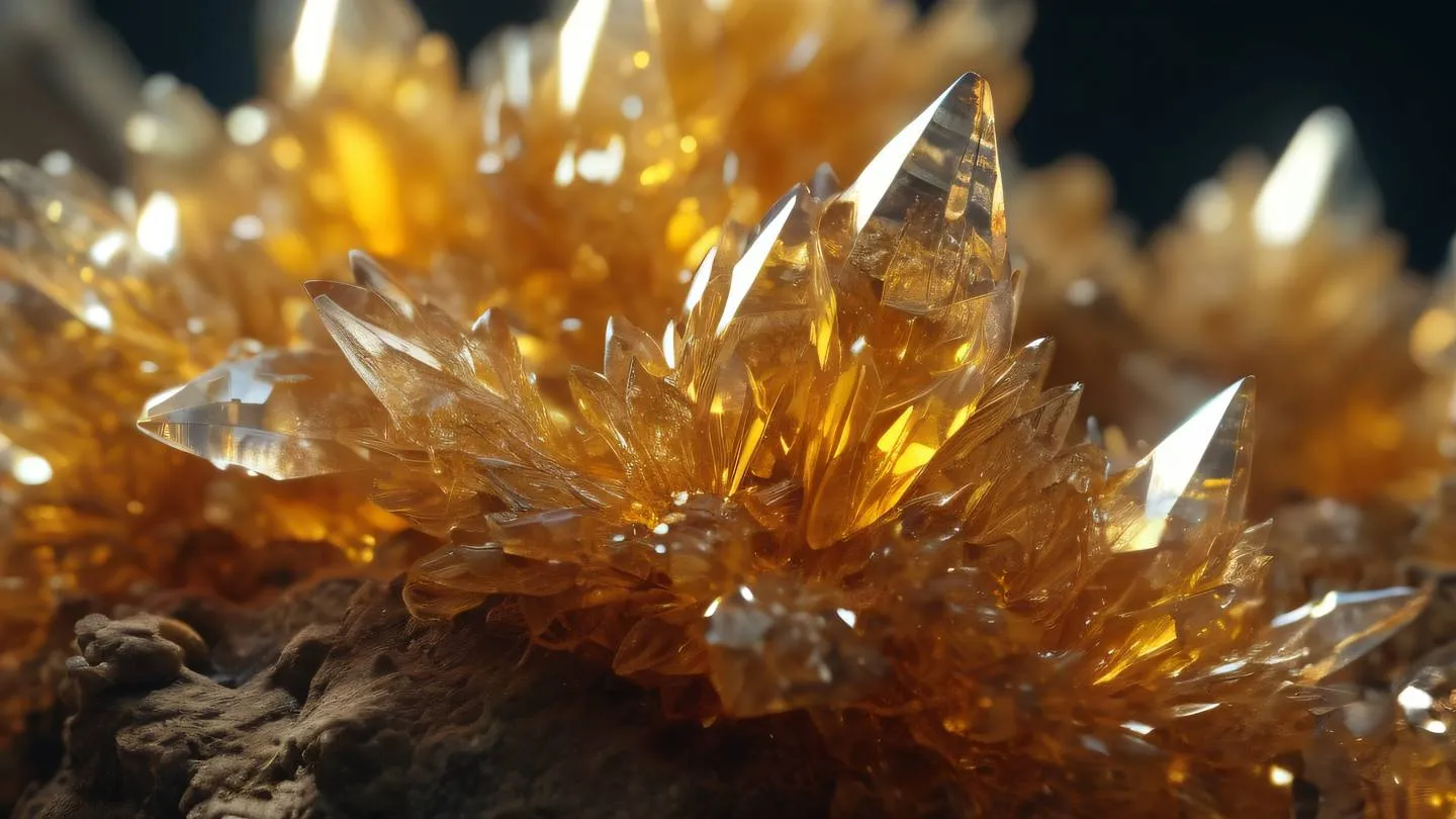 Macro shot of intricate crystal formations with bright amber and golden colors interweaving with clear crystalline structures sharp details ultra-realistic cinematic lighting 8K UHD captured from macro perspective with crystal formations in sharp focus