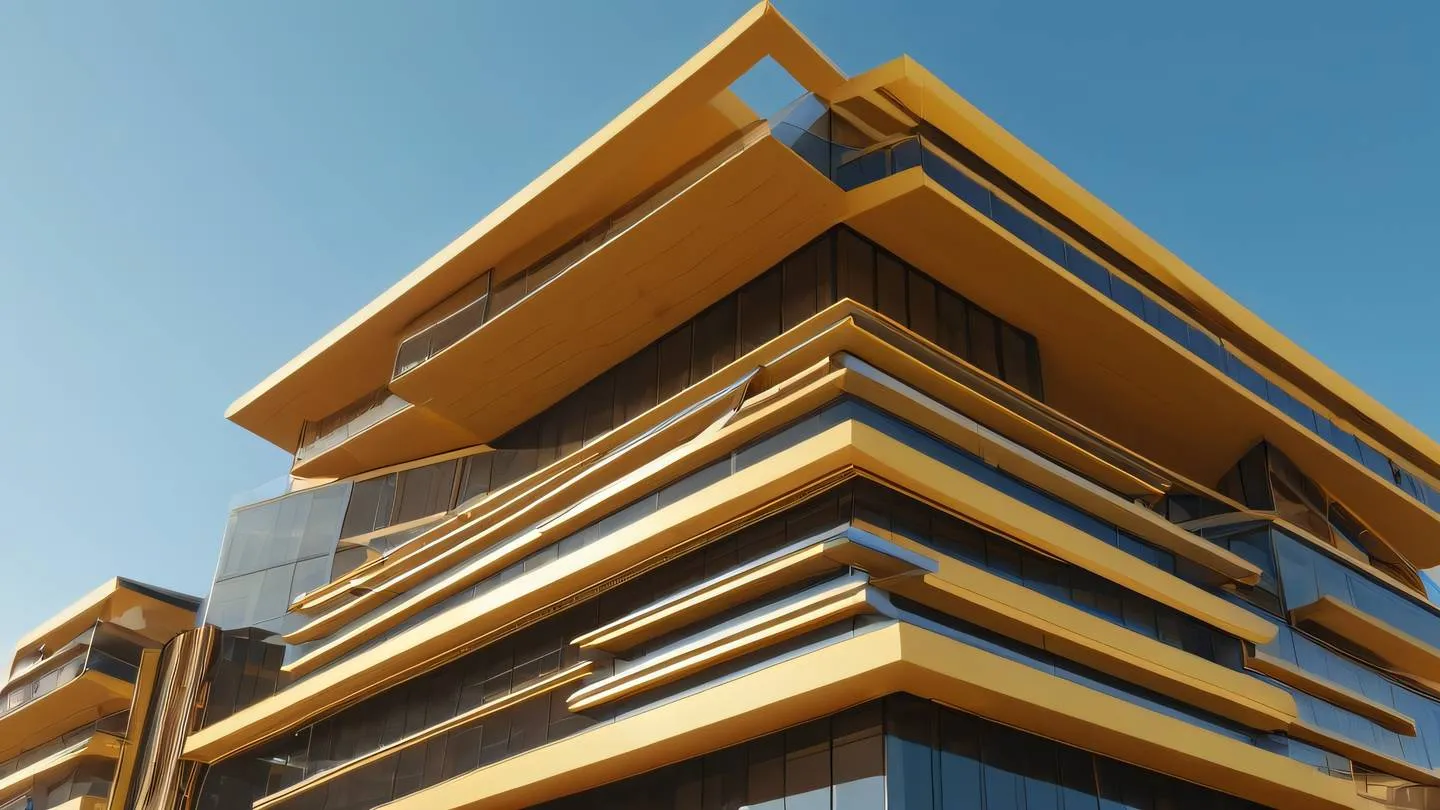 A modern abstract architectural structure with clean lines and geometric shapes featuring butterscotch yellow and gold accents against a clear sky. Shot from a low angle perspective emphasizing the grandeur and scale. High-quality ultra-realistic cinematic 8K UHD high resolution sharp and detail