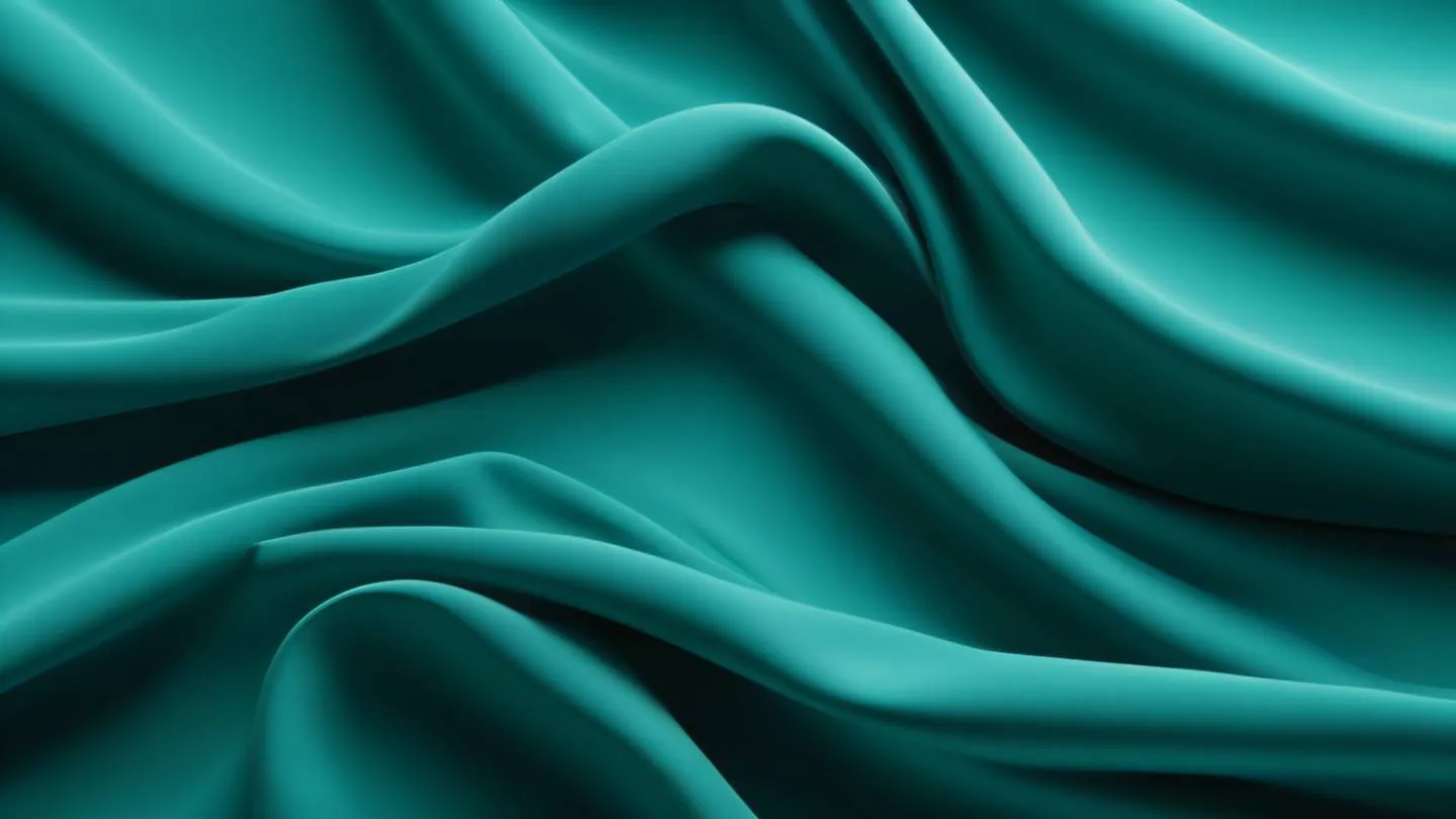 Abstract flowing fabric texture with smooth waves and folds in forest green and Turquoise blue colors captured from a top-down perspective. The fabric appears to be dancing in gentle motion. High-quality ultra-realistic cinematic 8K UHD high resolution sharp and detail