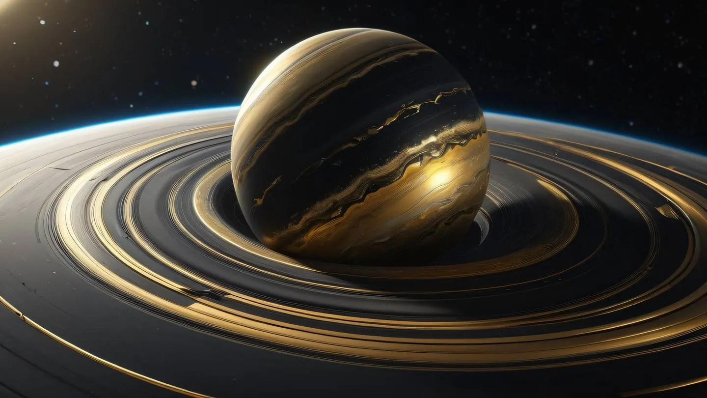 Abstract planetary sphere with swirling patterns and textures in Black and bright gold colors floating in space. Photographed from a three-quarter view angle showing the dynamic surface details. High-quality ultra-realistic cinematic 8K UHD high resolution sharp and detail