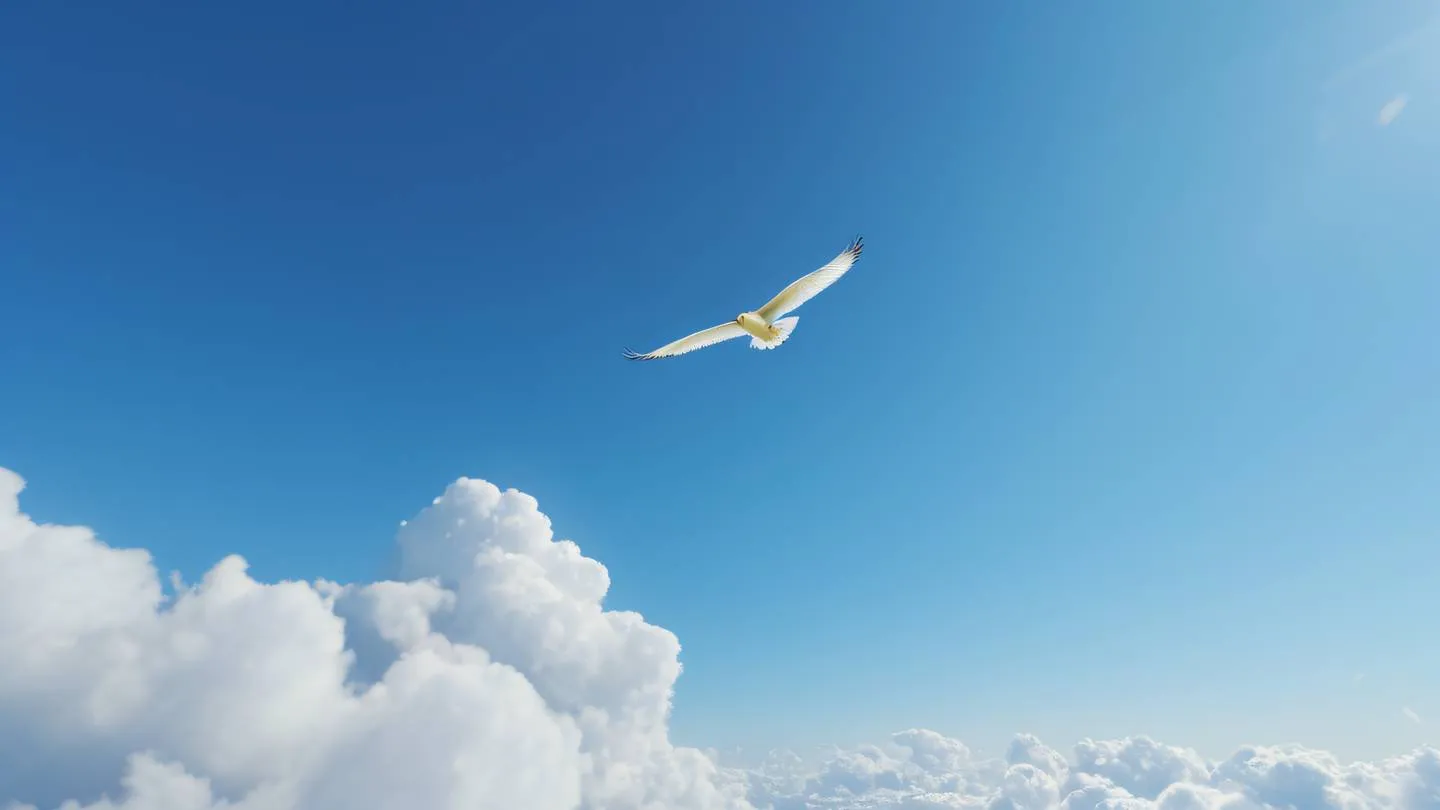 Elegant bird soaring through bright clear sky with scattered cirrus clouds featuring bright yellow and white colors captured from a worm's eye view perspective high-quality ultra-realistic cinematic 8K UHD high resolution sharp and detail