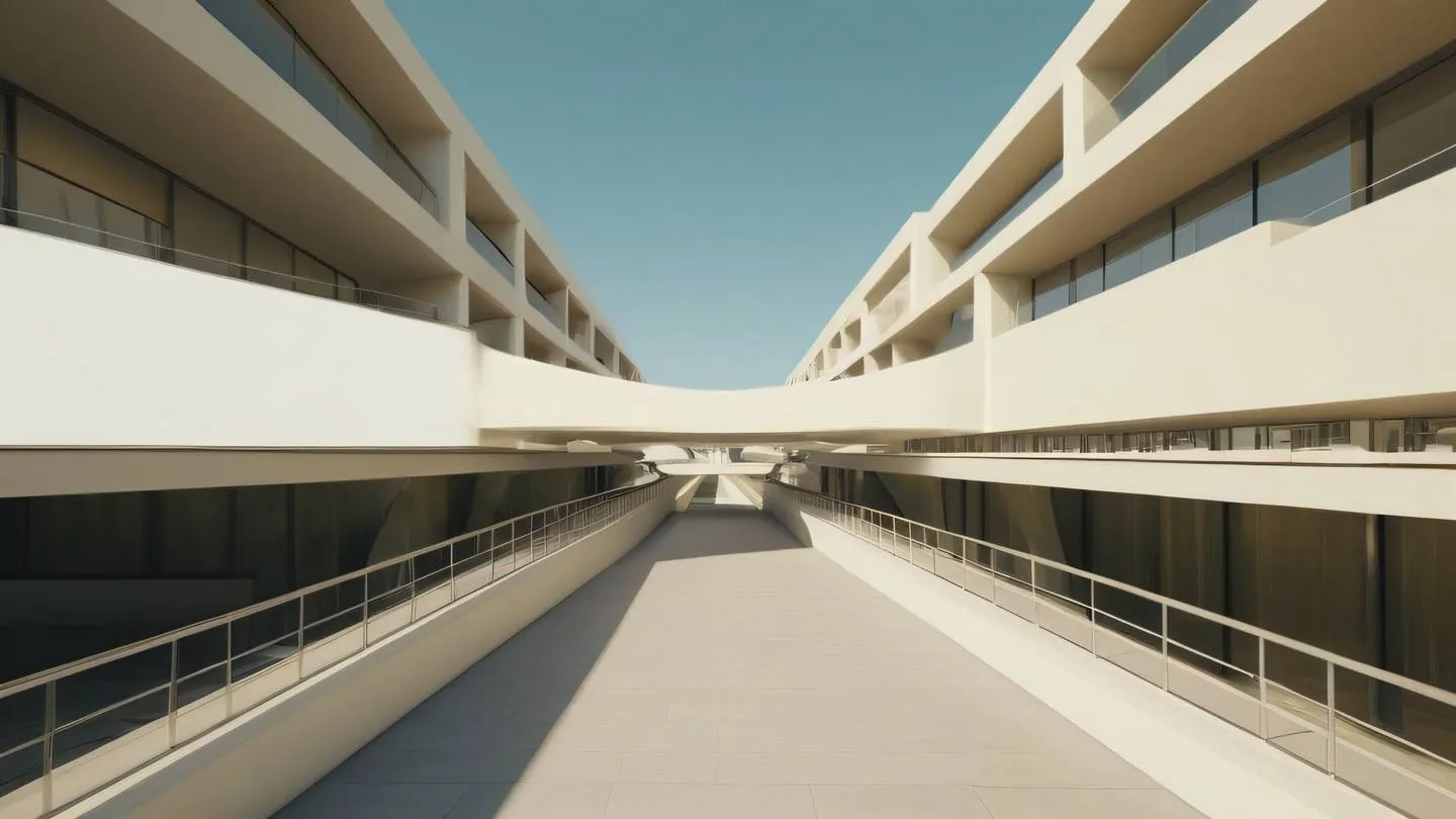 Modern minimalist architecture with interconnected pathways and bridges featuring clean lines and geometric shapes colors in warm cream and olive green tones shot from low angle perspective high-quality ultra-realistic cinematic 8K UHD high resolution sharp and detail