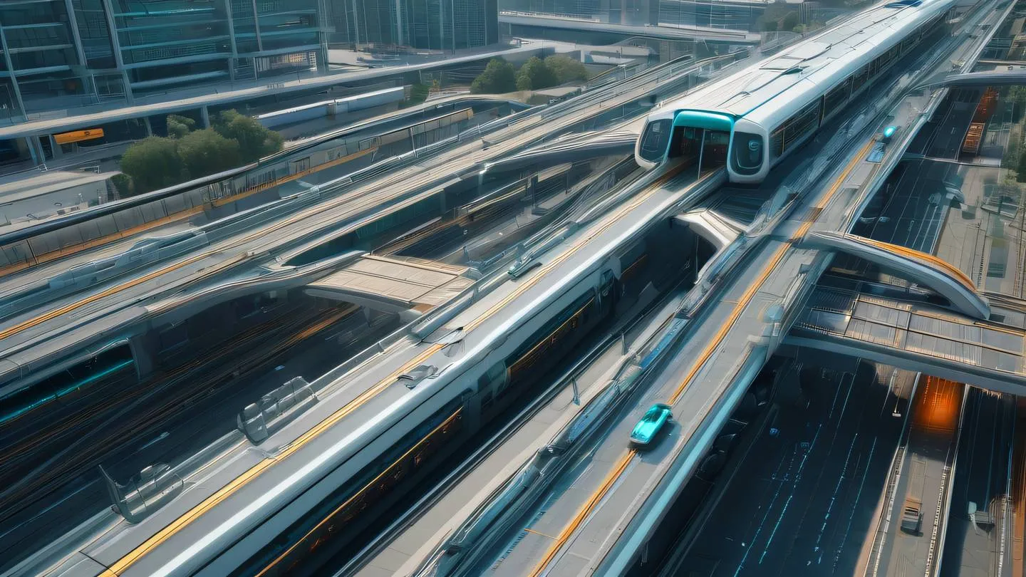 Futuristic transit system with sleek flowing lines and multiple connected platforms colors in bright cyan and warm amber captured from a birds-eye perspective high-quality ultra-realistic cinematic 8K UHD high resolution sharp and detail