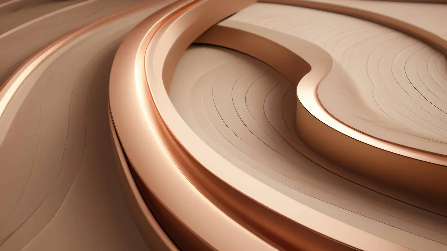 Elegant abstract pathway system with flowing curves and intersecting lines featuring a gradient of earth tones from soft beige to rich copper photographed from diagonal perspective high-quality ultra-realistic cinematic 8K UHD high resolution sharp and detail