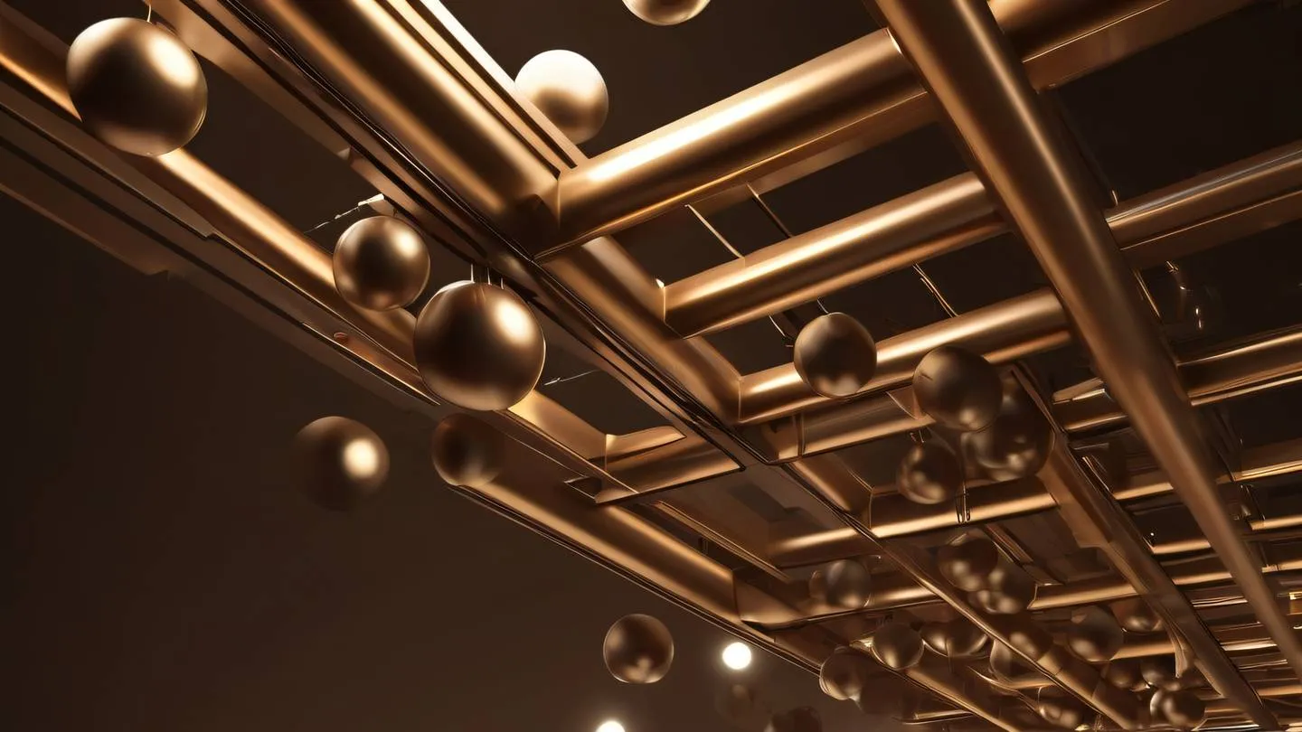 Abstract geometric composition featuring floating metallic spheres and cubic structures connected by beams of light colored in warm umber and walnut brown with bright iron accents captured from a dynamic diagonal angle high-quality ultra-realistic cinematic 8K UHD high resolution sharp and detail