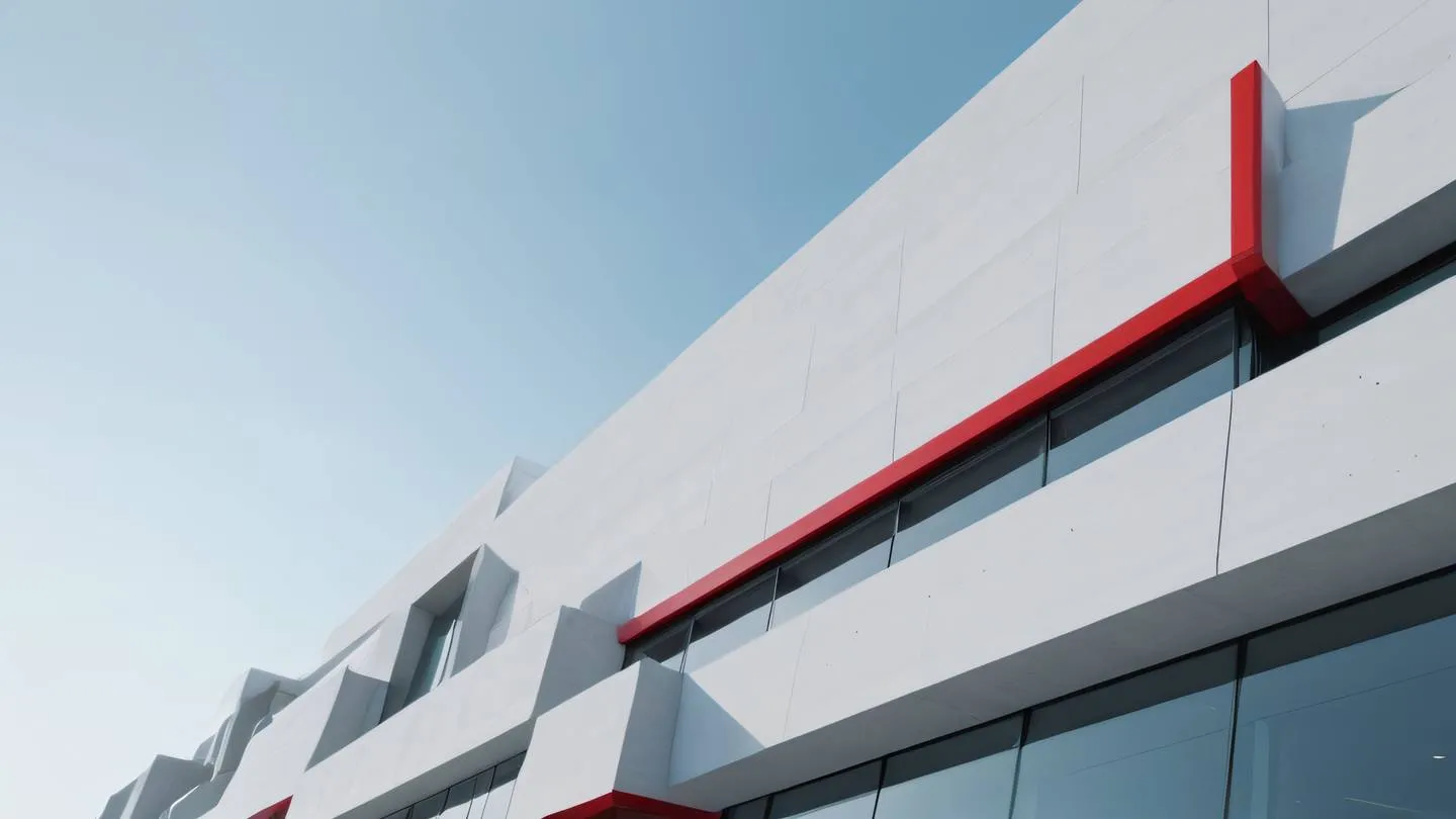 A minimalist modern architecture facade with clean geometric lines and glass panels featuring bright white concrete and bold red accents shot from a low upward angle perspective high-quality ultra-realistic cinematic 8K UHD high resolution sharp and detail