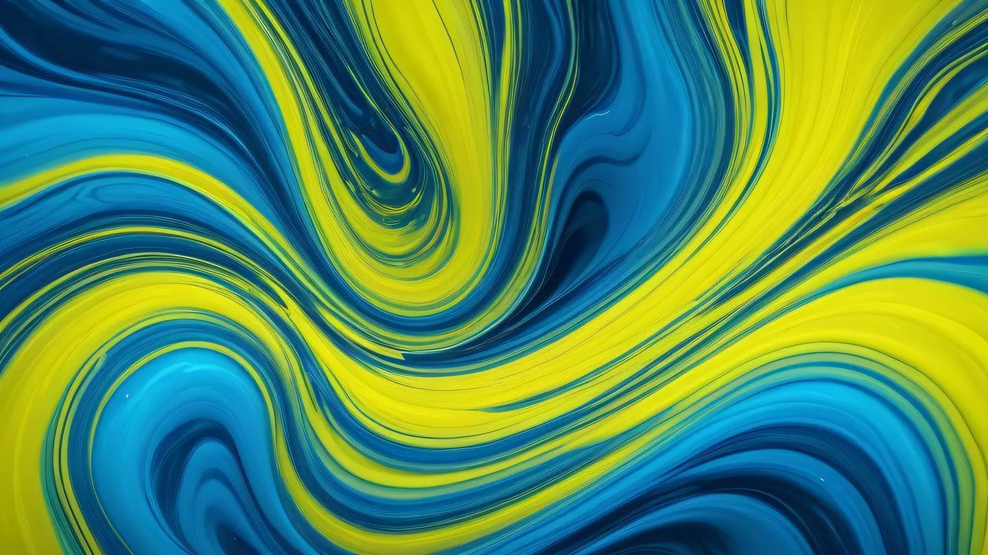 Abstract flowing liquid art with vibrant neon yellow and electric blue swirls captured from top-down perspective representing smooth state flow high-quality ultra-realistic cinematic 8K UHD high resolution sharp and detail