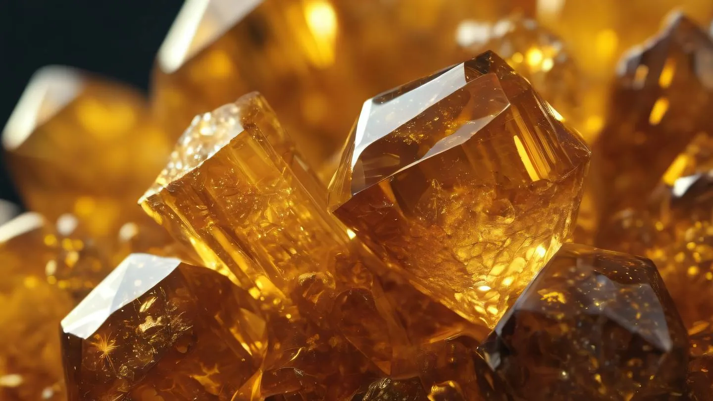 Amber and golden crystal formations with geometric patterns macro shot from straight-on perspective high-quality ultra-realistic cinematic 8K UHD high resolution sharp and detail