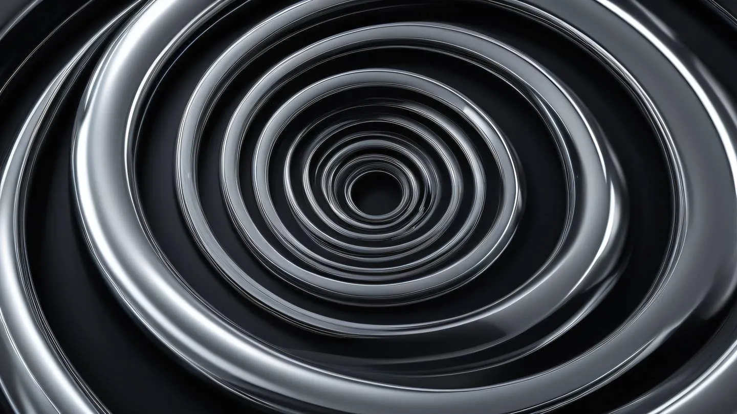 Abstract flowing liquid metallic silver and chrome shapes representing smooth state transitions flowing in a spiral pattern against a black background captured from a top-down perspective high-quality ultra-realistic cinematic 8K UHD high resolution sharp and detail