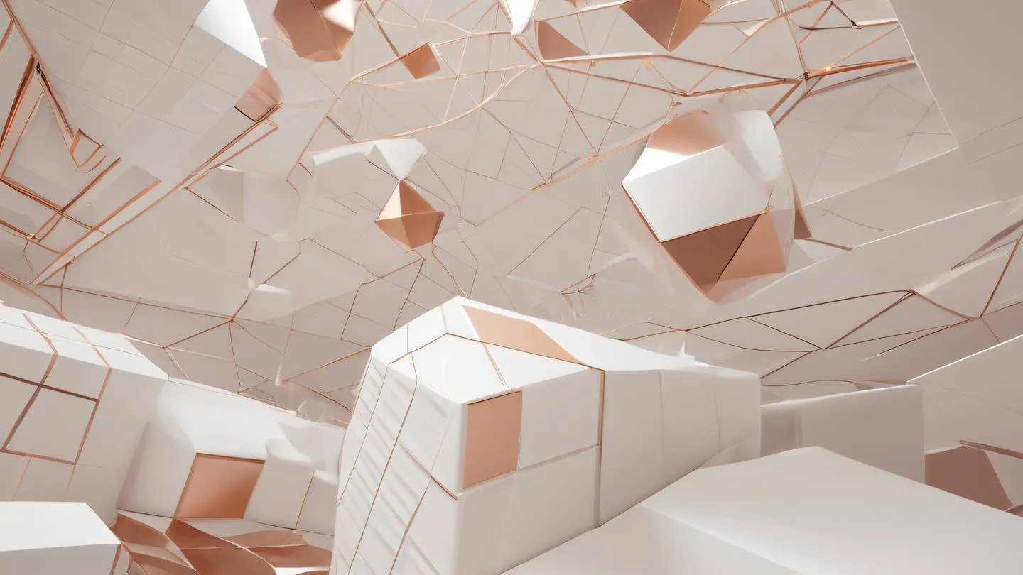 Abstract geometric shapes in bright off-white and rose gold colors representing organized structure and patterns floating in space captured from a low angle perspective high-quality ultra-realistic cinematic 8K UHD high resolution sharp and detail