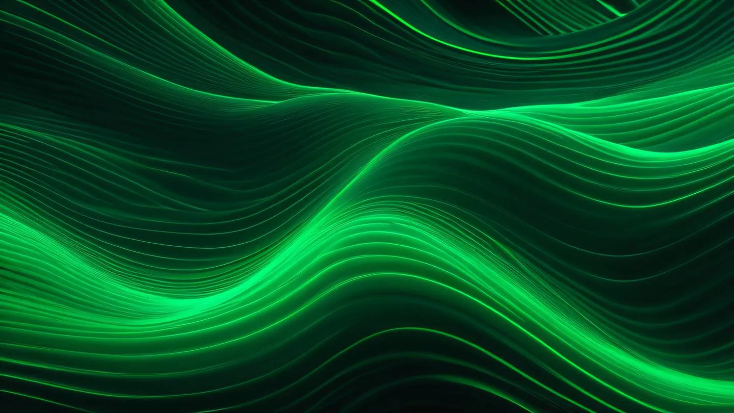 Abstract dark green and bright neon green waves interweaving and flowing representing harmony and balance with dynamic motion curves photographed from a bird's eye view high-quality ultra-realistic cinematic 8K UHD high resolution sharp and detail