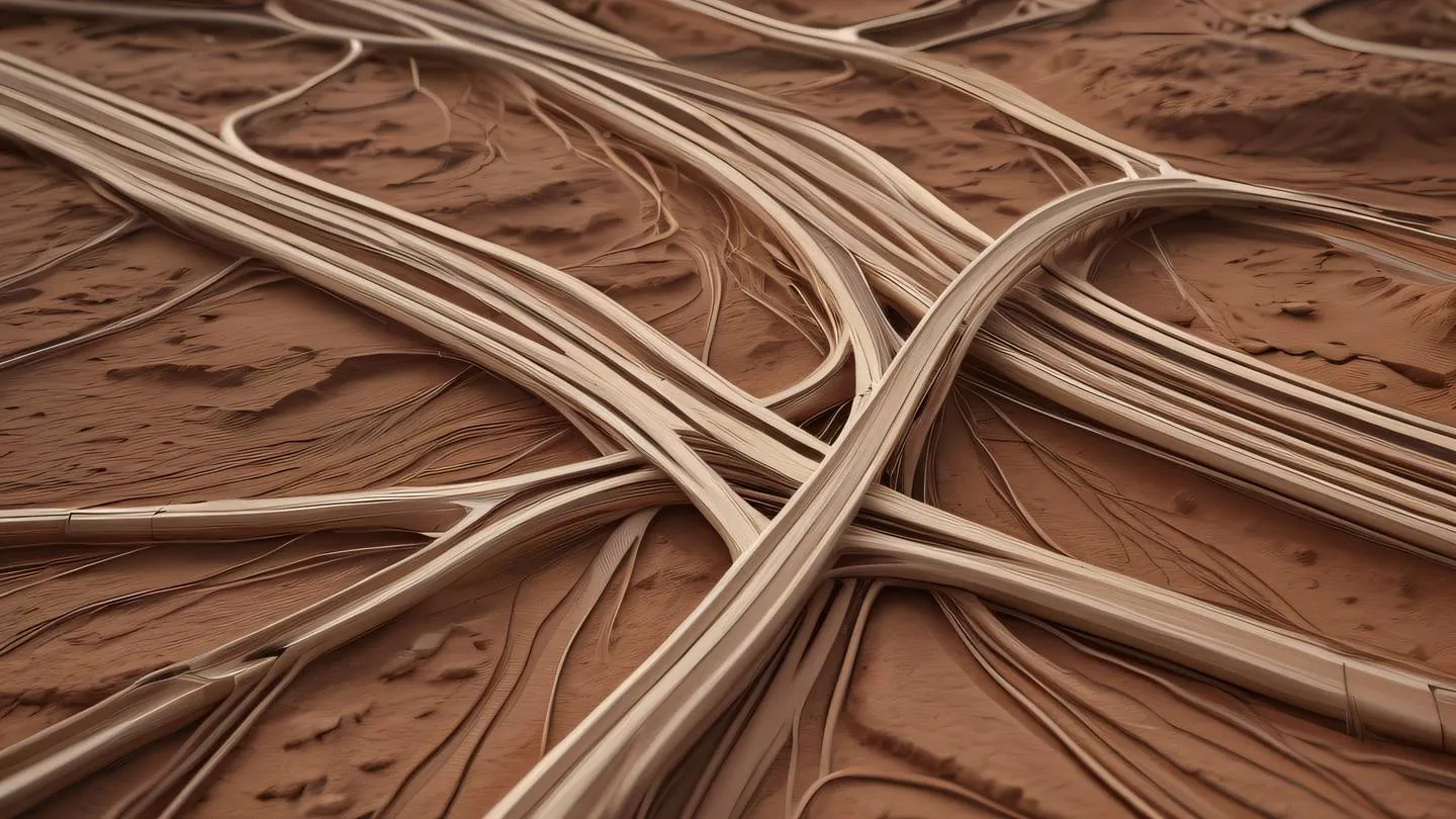 Abstract visualization of interconnected nodes and pathways in natural earth tones and clay colors flowing organically across the frame shot from a diagonal angle representing data flow and connectivity high-quality ultra-realistic cinematic 8K UHD high resolution sharp and detail