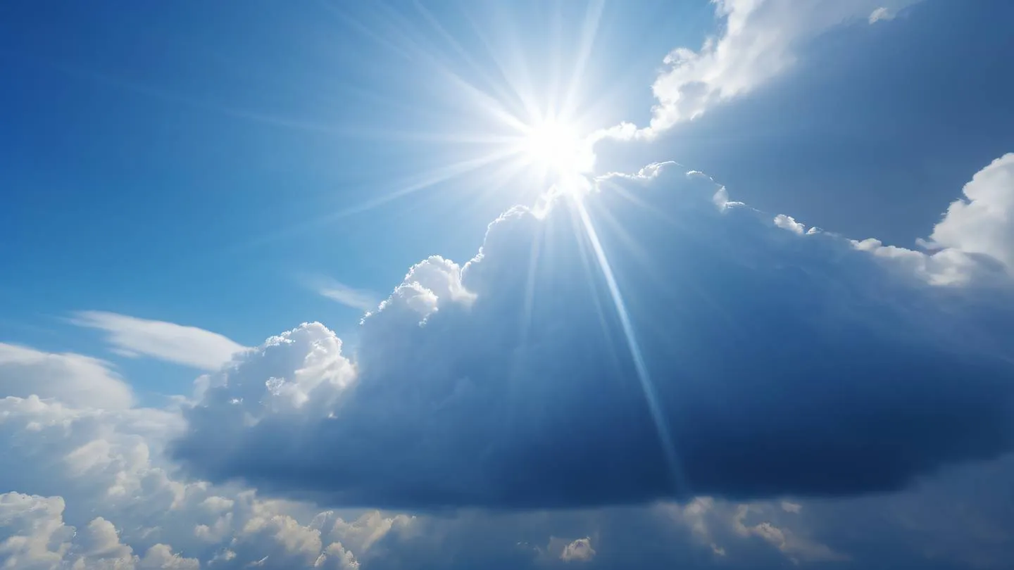 Ethereal cloudscape with streaming rays of light in soft cobalt blue and white photographed from a low angle looking upward depicting a sense of lightness and flow high-quality ultra-realistic cinematic 8K UHD high resolution sharp and detail